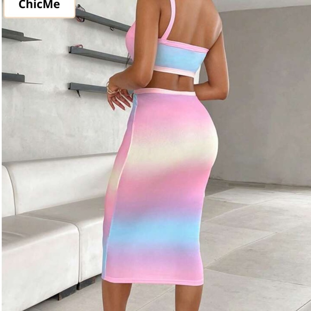 ChicMe Pink Ombre Ribbed Bodycon Midi Dress One Shoulder Cut Outs Womens Small - Picture 2 of 9